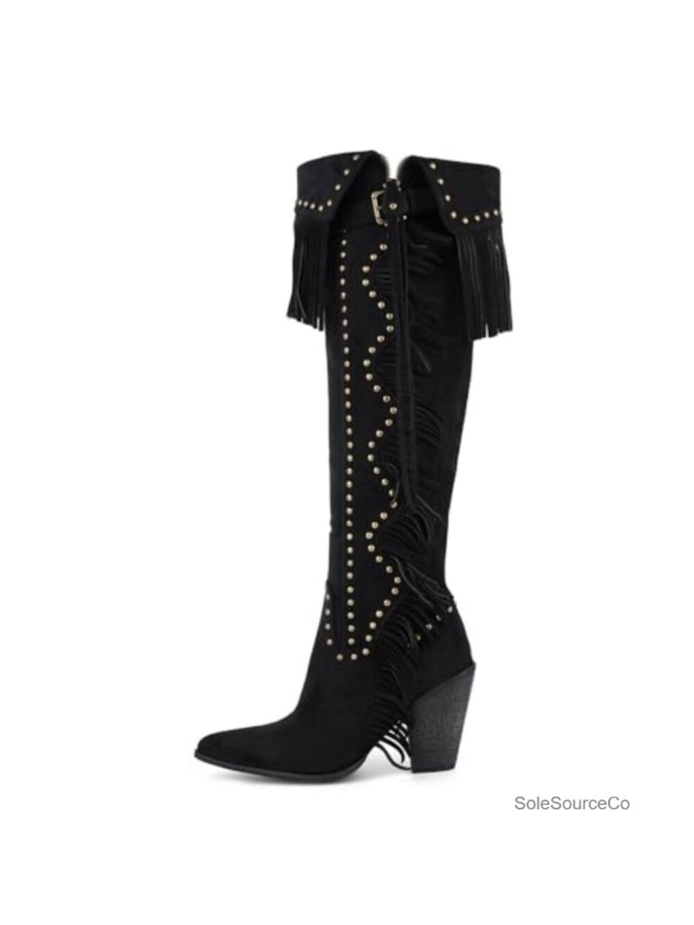 Studded Fringe Suede Knee High Western Boots Chunky Heel
